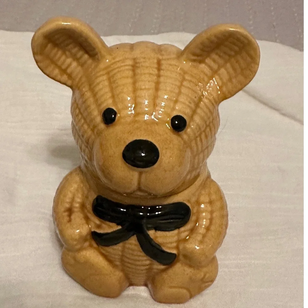 Vintage Otagiri Teddy Bear Ceramic Honey Jam Pot Pair W Tan Weave Japan &Taiwan‎